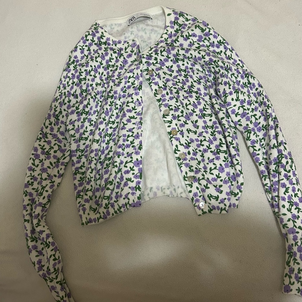 Zara Purple and Green Floral Women's Cardigan